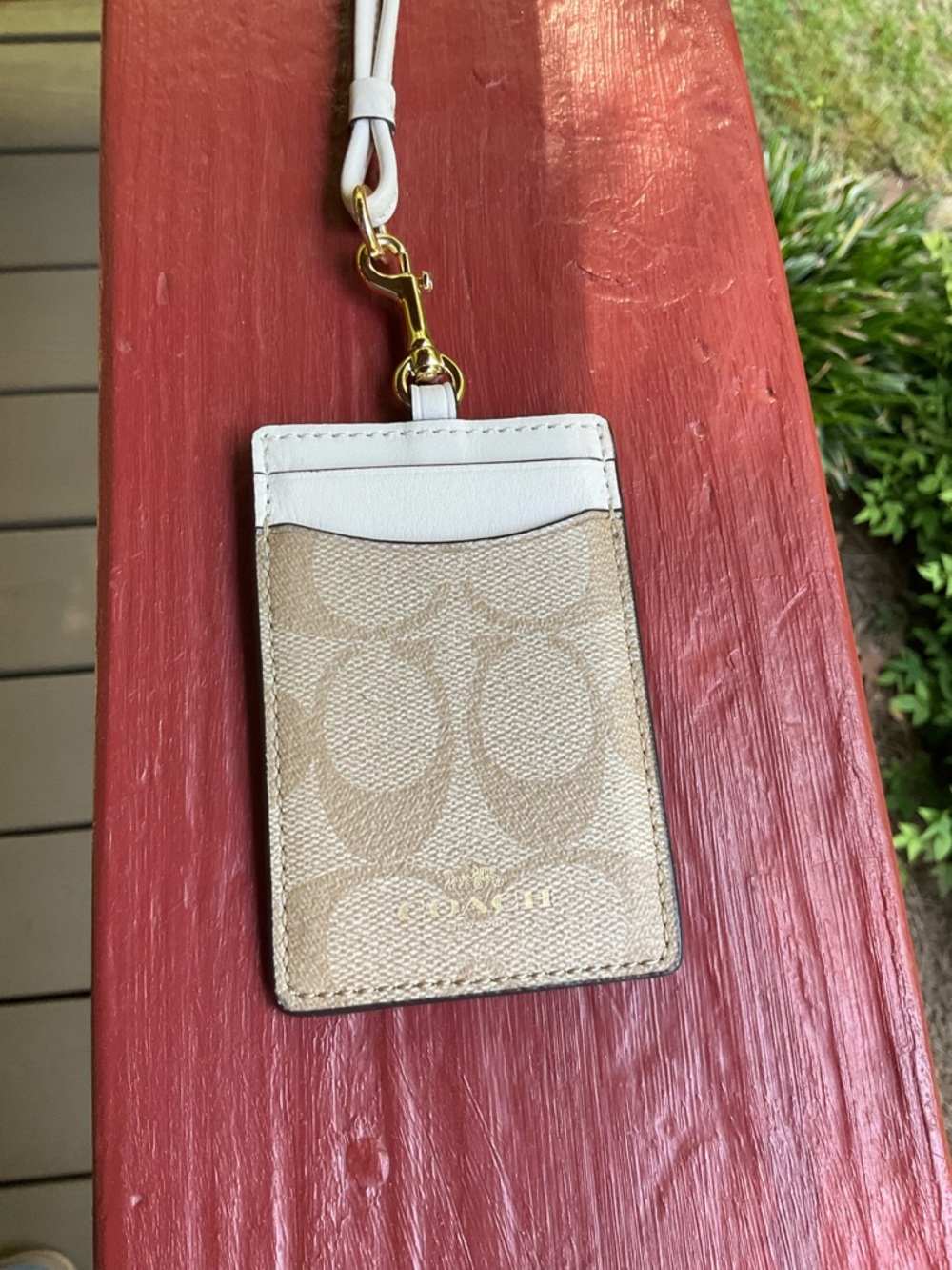 Coach Beige and White Signature Card Sleeve with Gold Logo
